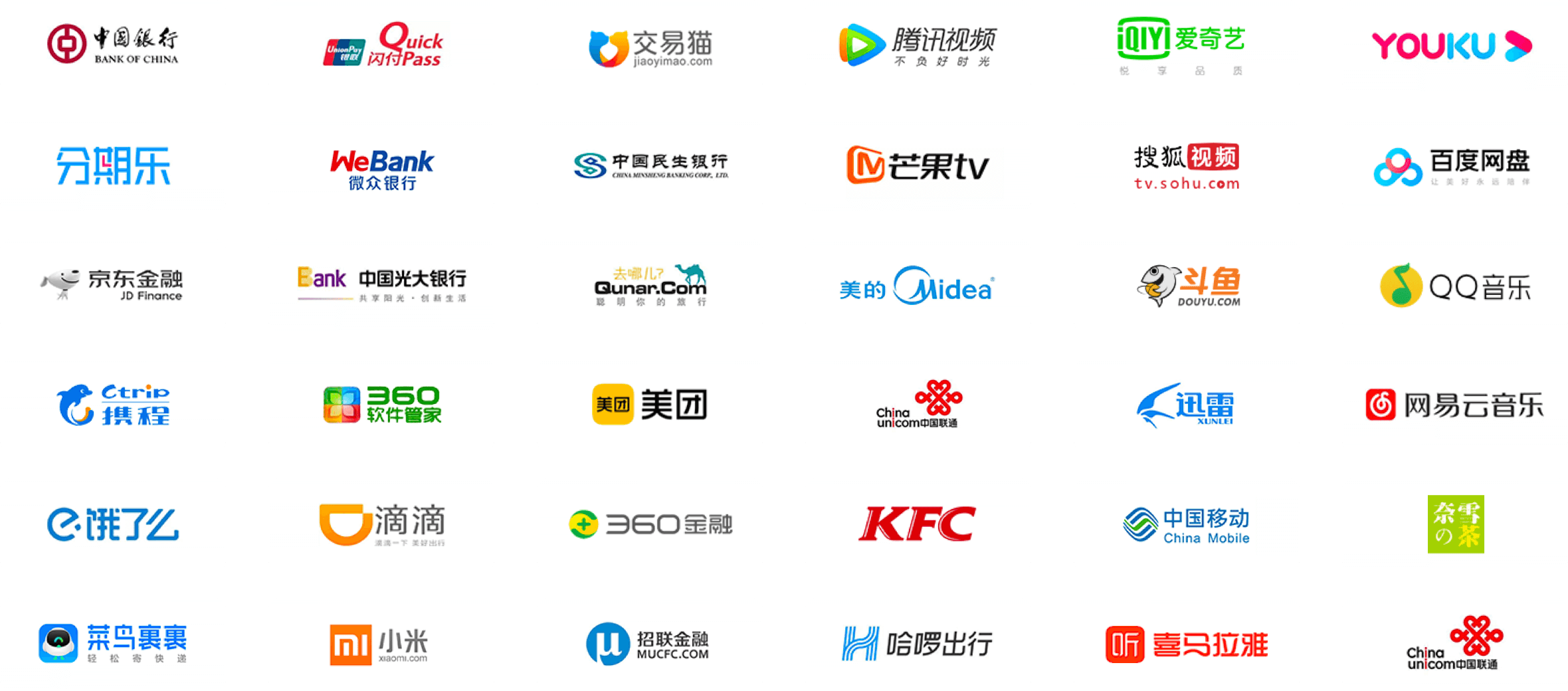 合作品牌墙：中国银行、腾讯视频、爱奇艺、优酷、分期乐、微众银行、芒果TV、搜狐视频、百度网盘、京东金融、光大银行、去哪儿、美的、斗鱼、QQ音乐、携程、360、美团、中国联通、迅雷、网易云音乐、饿了么、滴滴、360金融、KFC、中国移动、霸王茶姬、菜鸟裹裹、小米、招联金融、哈啰出行、喜马拉雅等